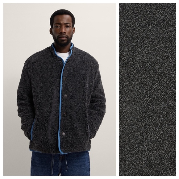 NWT. Zara Men Blue/Gray Faux Shearling Reversible Jacket. Size L-XL.